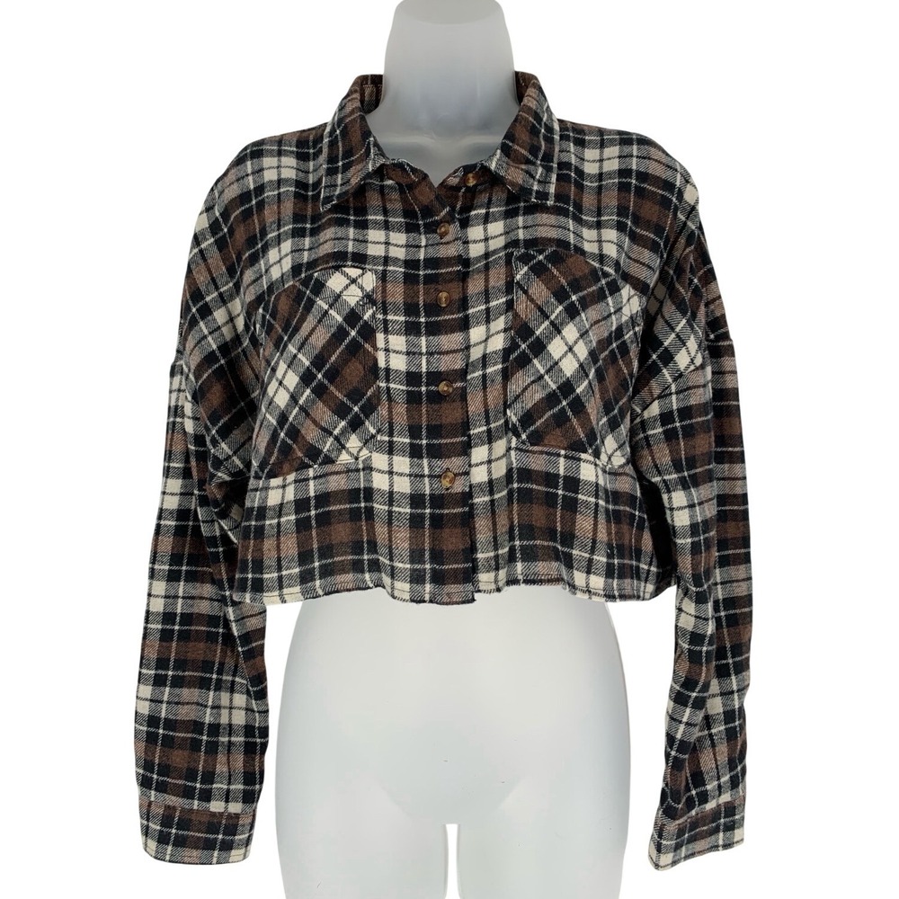 Ci Sono Cropped Plaid Flannel Brown Black Tartan Button Up Top-Medium Grunge - Picture 2 of 3